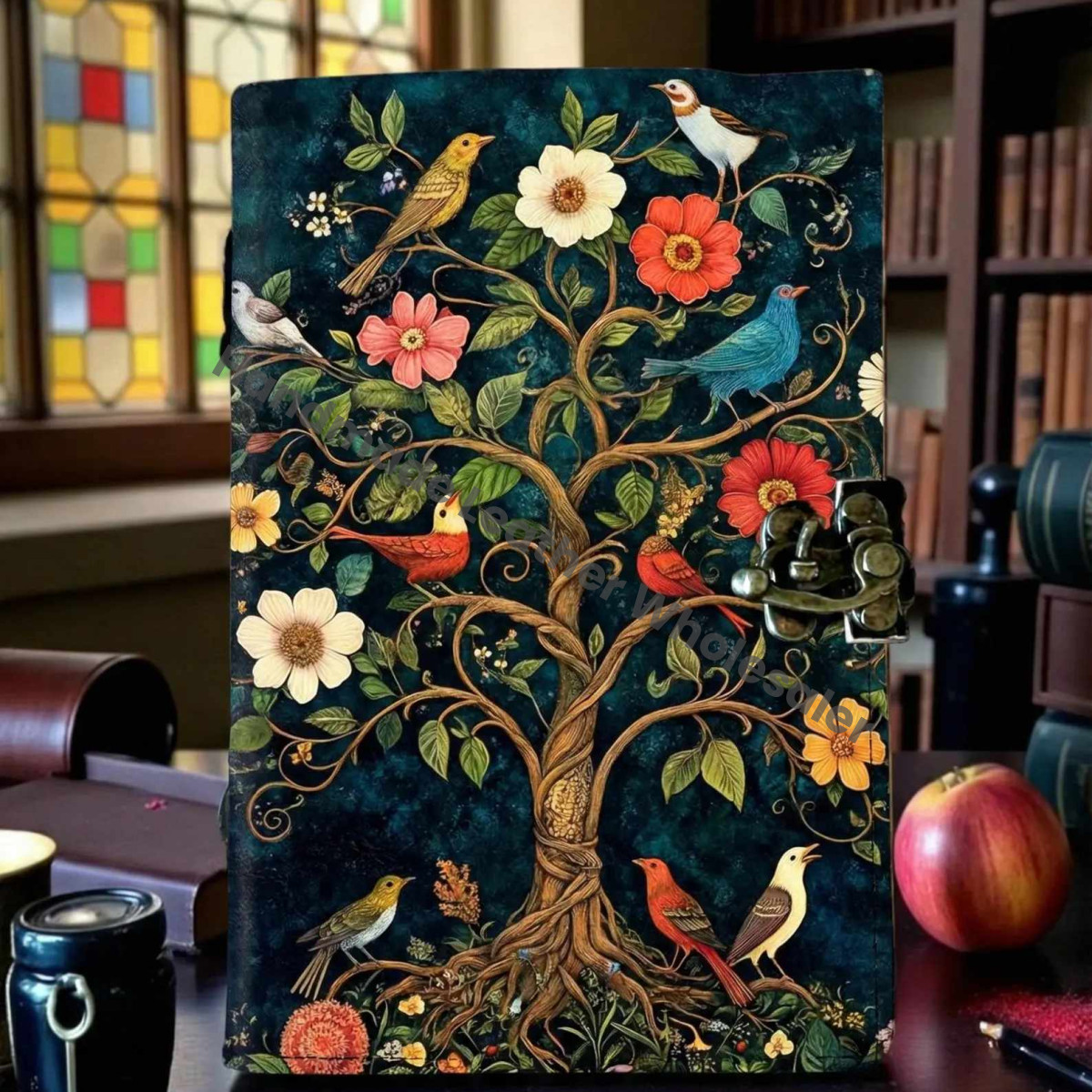 Grimoire leather journal - Bird And Tree Printed Blank spell book of shadows