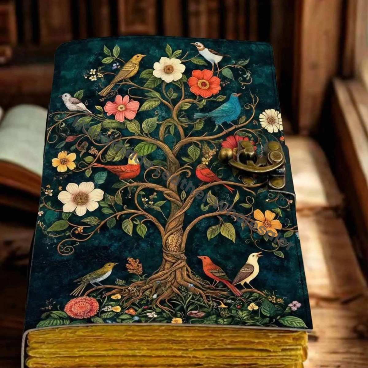 Grimoire leather journal - Bird And Tree Printed Blank spell book of shadows
