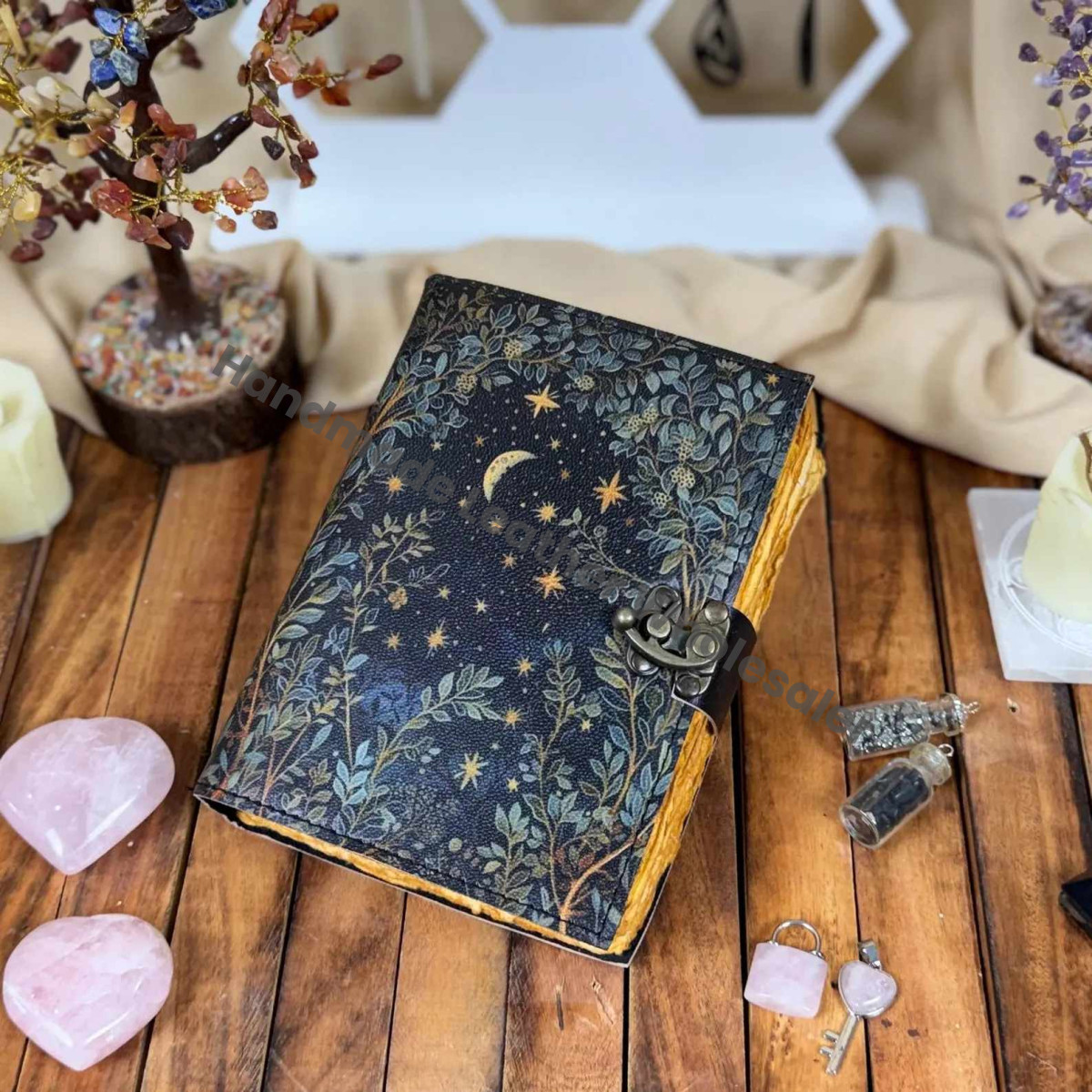 Grimoire leather journal - Moon And Tree Printed Blank spell book of shadows