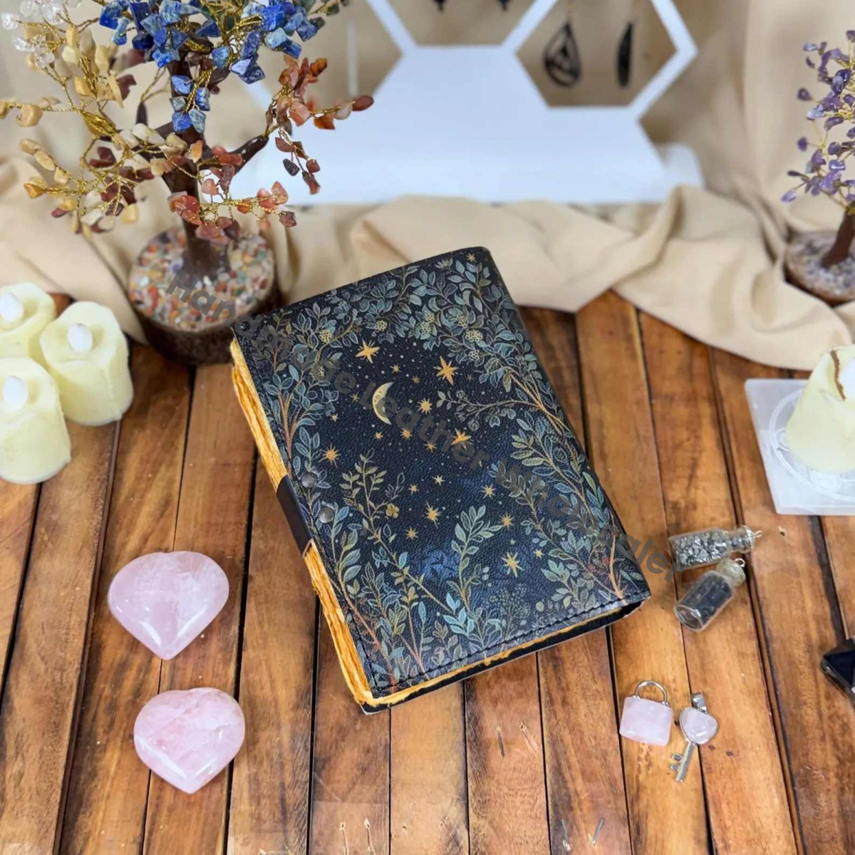 Grimoire leather journal - Moon And Tree Printed Blank spell book of shadows