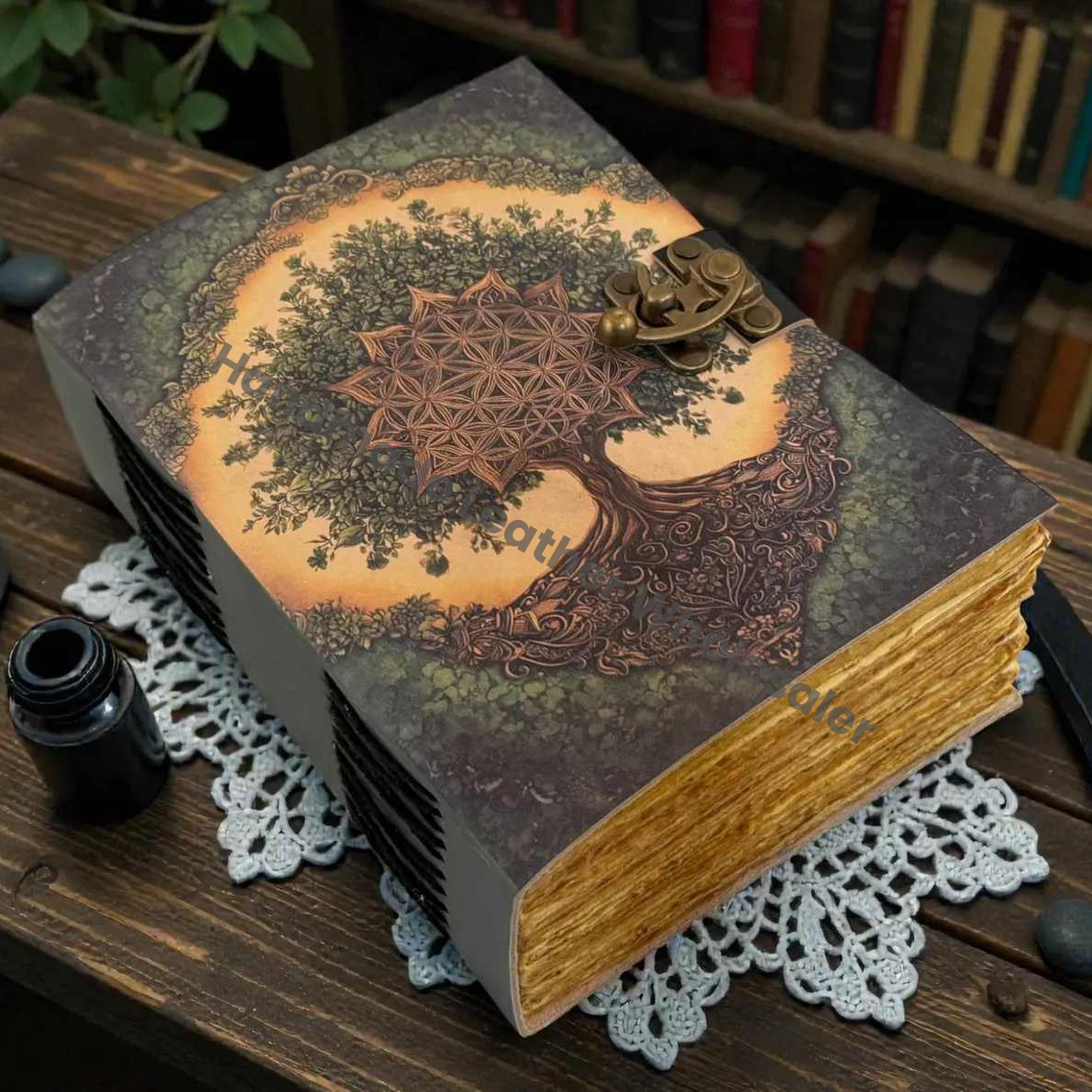 Grimoire Tree of Life Leather Journal - Handmade Blank Spell Book of Shadows - Antique Closure