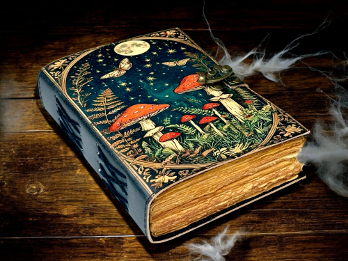 Grimoire Vintage Mushroom leather journal, Handmade Antique Deckle Edge Paper Spell Book of Shadows Celestial Witchcraft Supplies Diary, Gifts