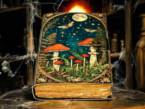 Grimoire Vintage Mushroom leather journal, Handmade Antique Deckle Edge Paper Spell Book of Shadows Celestial Witchcraft Supplies Diary, Gifts