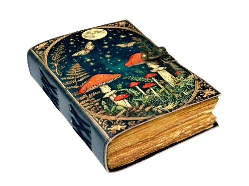 Grimoire Vintage Mushroom leather journal, Handmade Antique Deckle Edge Paper Spell Book of Shadows Celestial Witchcraft Supplies Diary, Gifts