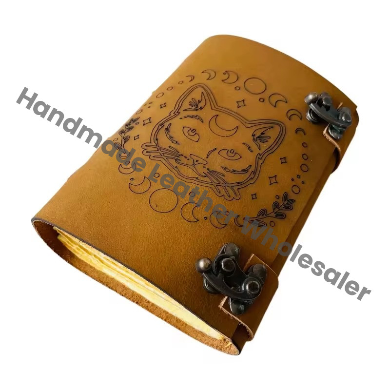 Halloween Cat Face High Quality Leather Spiral Bound Deckle Paper Notebook with Custom Logo Gift Box Packaging