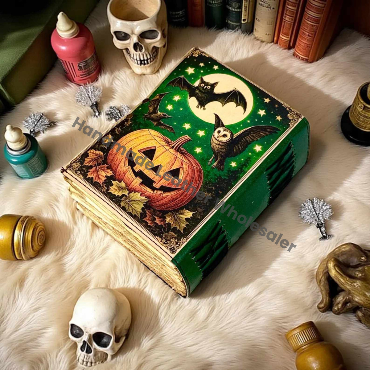 Halloween Pumpkin Leather Grimoire Witchy Spell Book of Shadows | Gothic Refillable Journal for Witches, Tarot, Magic & DnD