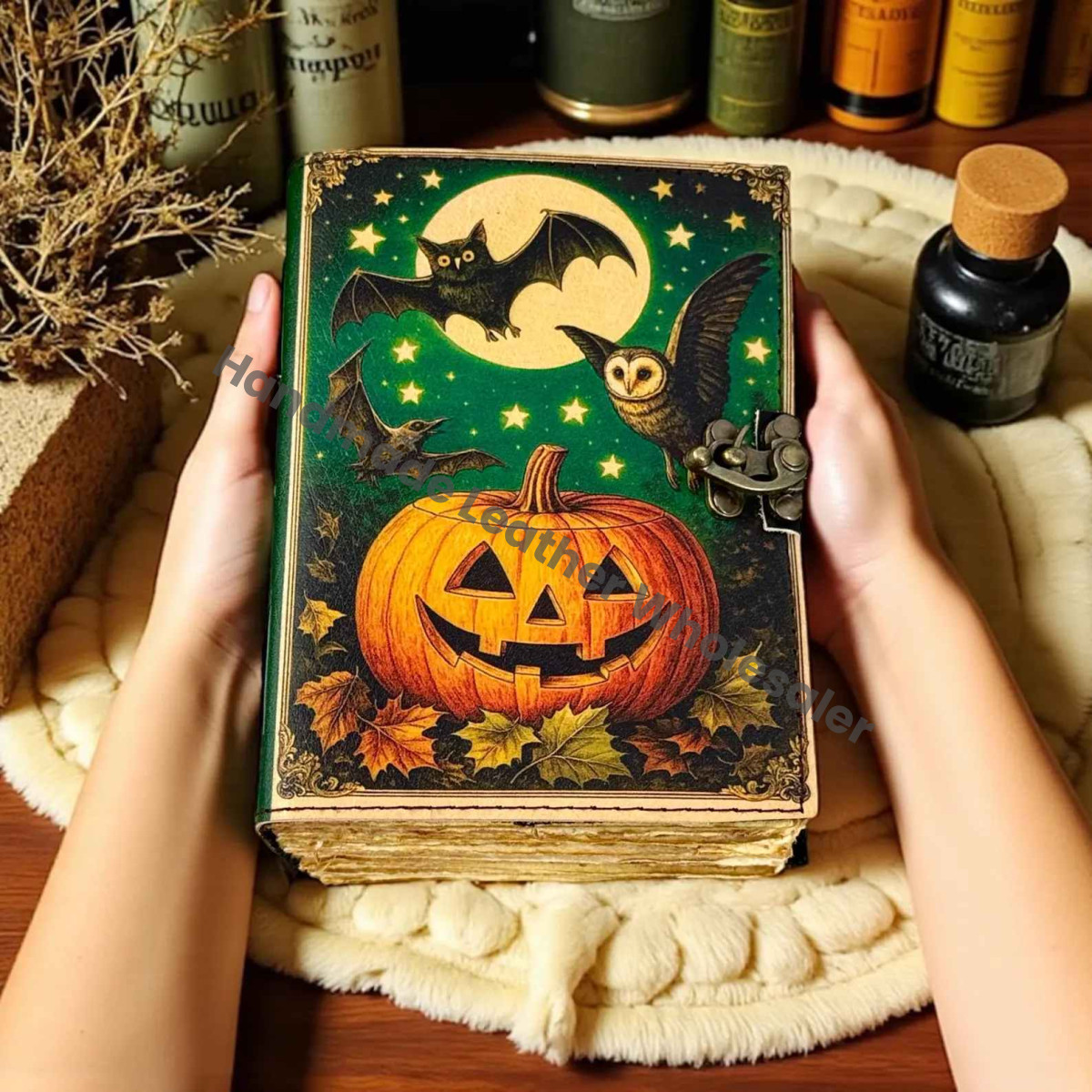 Halloween Pumpkin Leather Grimoire Witchy Spell Book of Shadows | Gothic Refillable Journal for Witches, Tarot, Magic & DnD