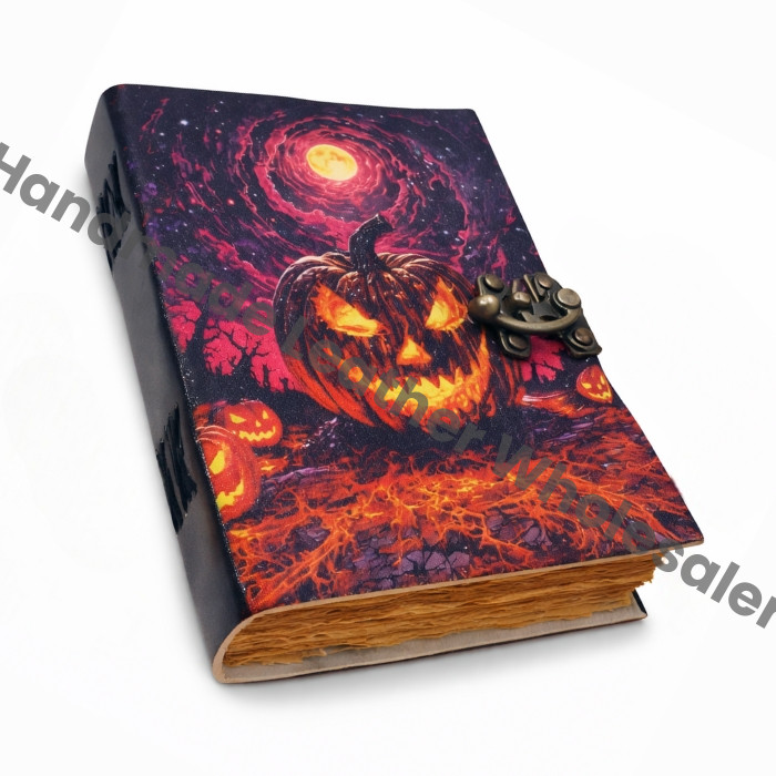 Halloween Pumpkin Leather Journal – Gothic Handmade Grimoire, Jack-O-Lantern Spell Book, Vintage Deckle Edge Paper Diary.