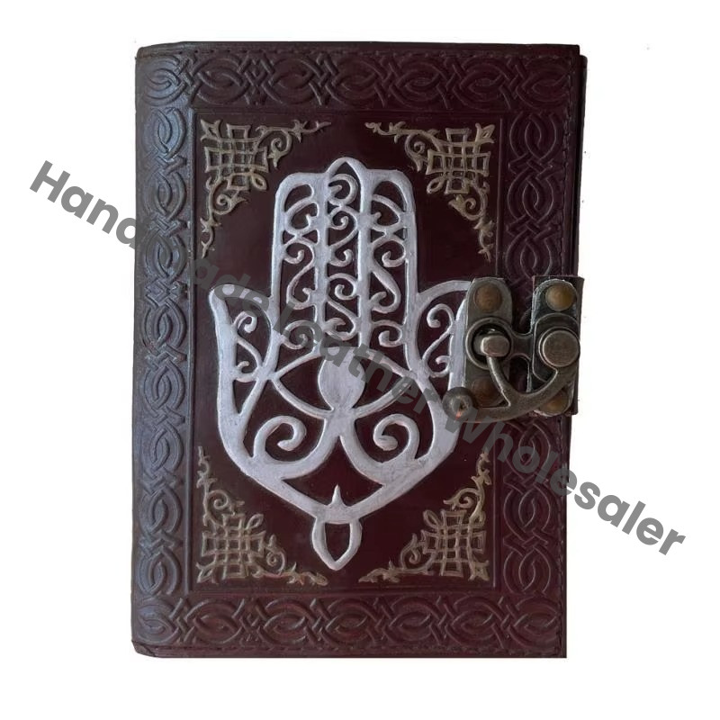 Hamsa Embossed Leather Notebook Brown Antique Color Handmade Unlined Eco-friendly Paper Best Gift Unisex Book Shadows Planner