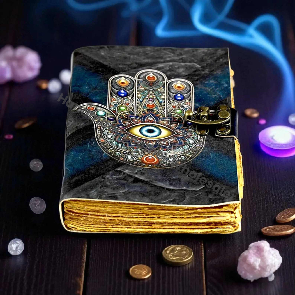 Hamsa Hand Leather Journal: Evil Eye, Deckle Edge Pages