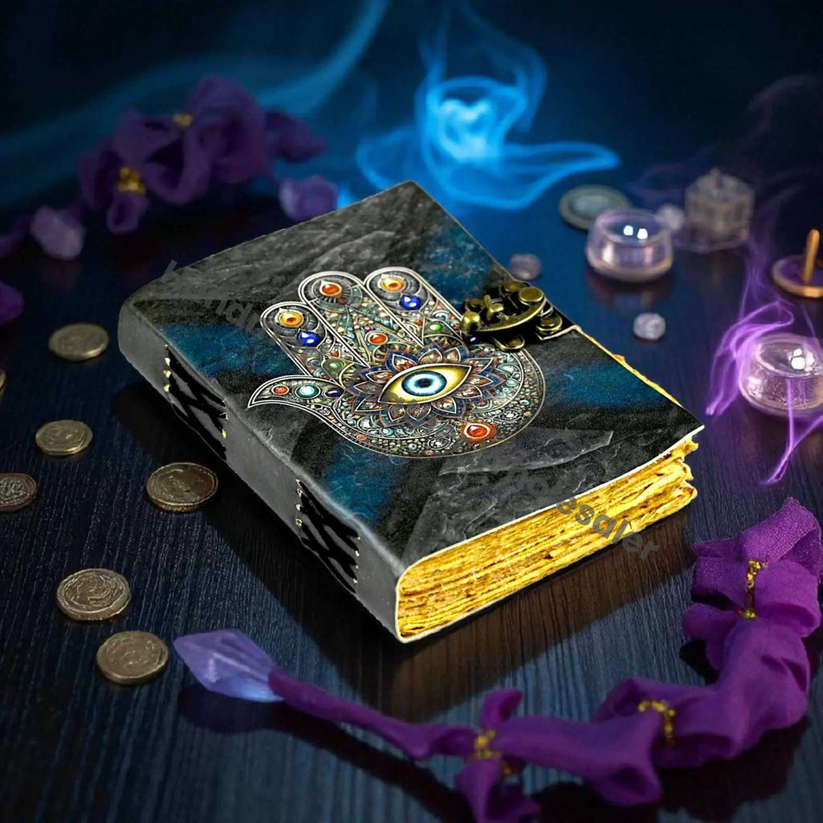 Hamsa Hand Leather Journal: Evil Eye, Deckle Edge Pages