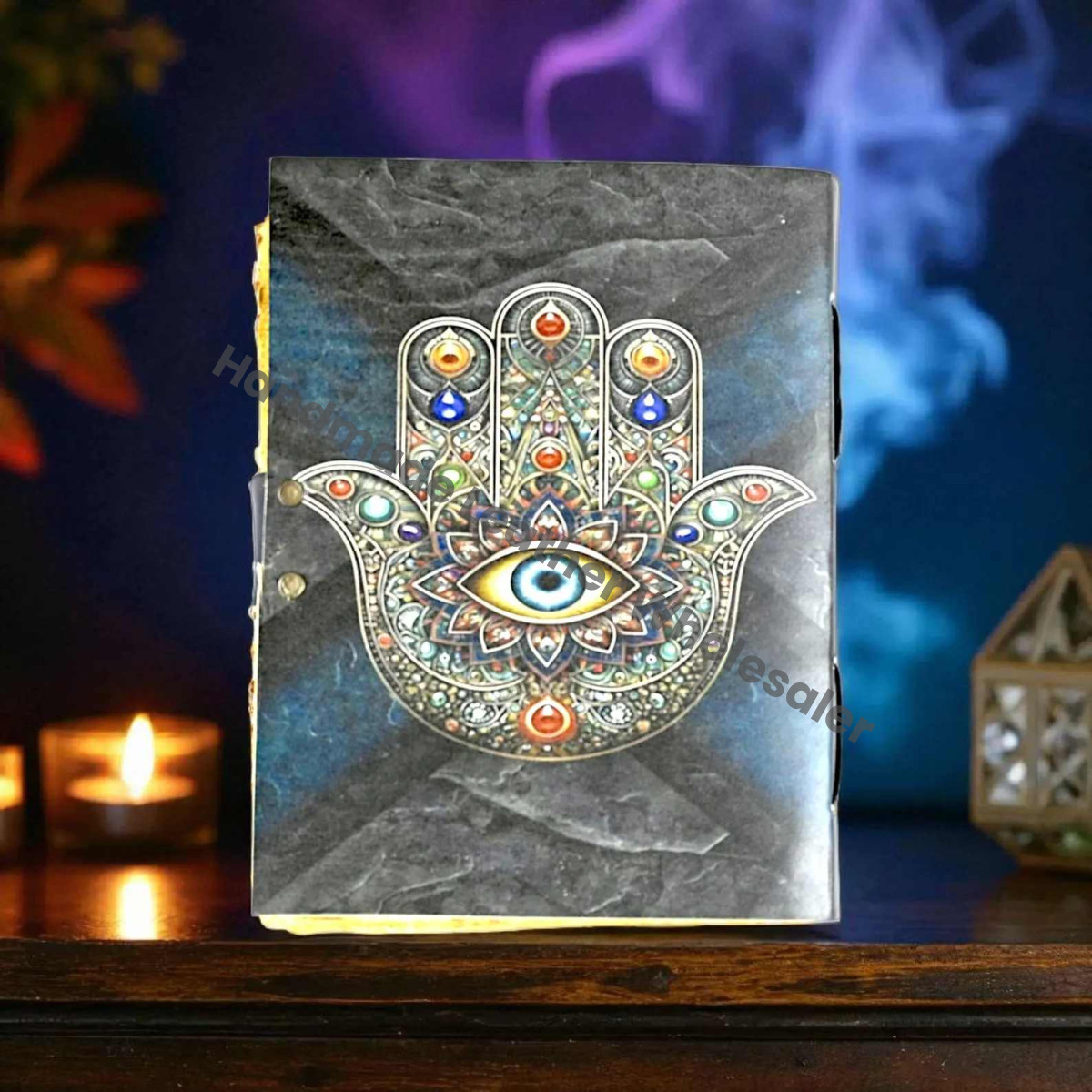 Hamsa Hand Leather Journal: Evil Eye, Deckle Edge Pages