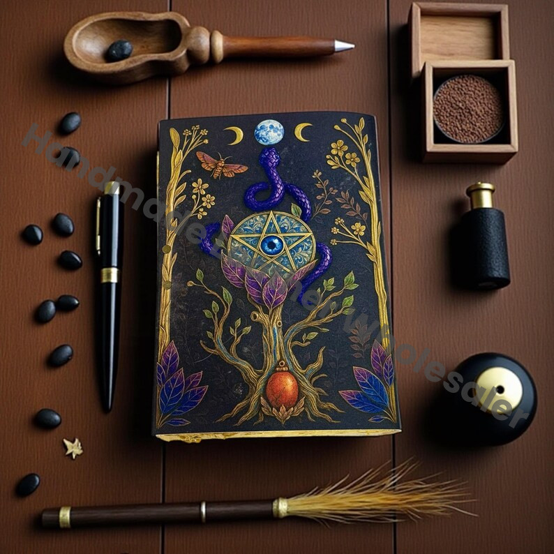 Handcrafted Leather Grimoire – Snake Design, Vintage Witchcraft Spellbook, Wiccan Pagan Gothic Witchy Magic Book of Shadows Gift