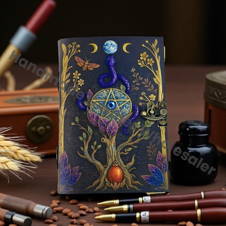 Handcrafted Leather Grimoire – Snake Design, Vintage Witchcraft Spellbook, Wiccan Pagan Gothic Witchy Magic Book of Shadows Gift