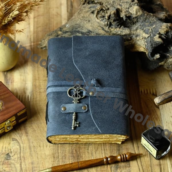 Handicraft Leather Journal - Antique Handmade Deckle Edge Vintage Paper Leather Bound Journal - Book of Shadows Journal - Leather Sketchbook - Drawing Journal - Great Gift (Blue)