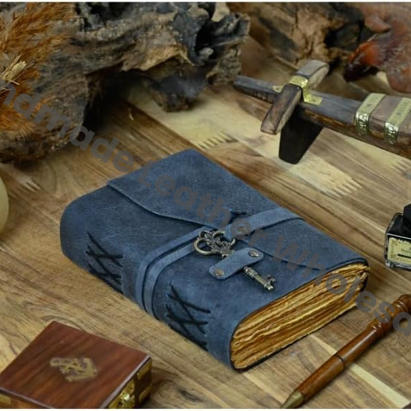 Handicraft Leather Journal - Antique Handmade Deckle Edge Vintage Paper Leather Bound Journal - Book of Shadows Journal - Leather Sketchbook - Drawing Journal - Great Gift (Blue)