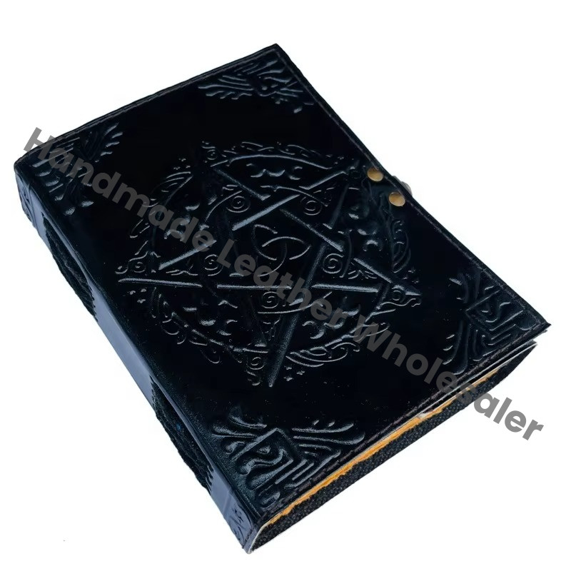 Handmade Black Leather Hardcover Journal Pentagram Embossed Metal Closure Custom Logo Option Antique Design-Him Notebooks