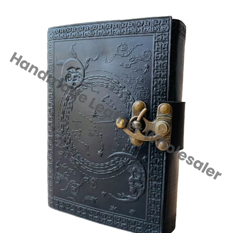 Handmade Black Leather Journal Embossed Dragon Design Vintage Writing Notebook Blank Sketchbook Gift for Men Women with Lock