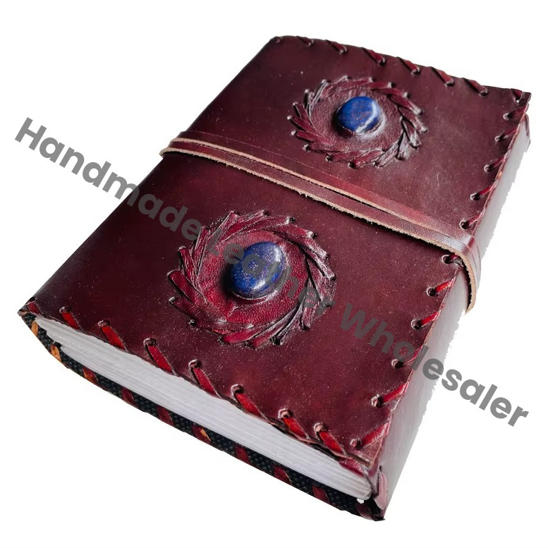 Handmade Brown Leather Loose-Leaf Gift Journal Notebook 2 Stone Vintage Clasp Embossed Cover Deckle Edge Paper Travel Diary