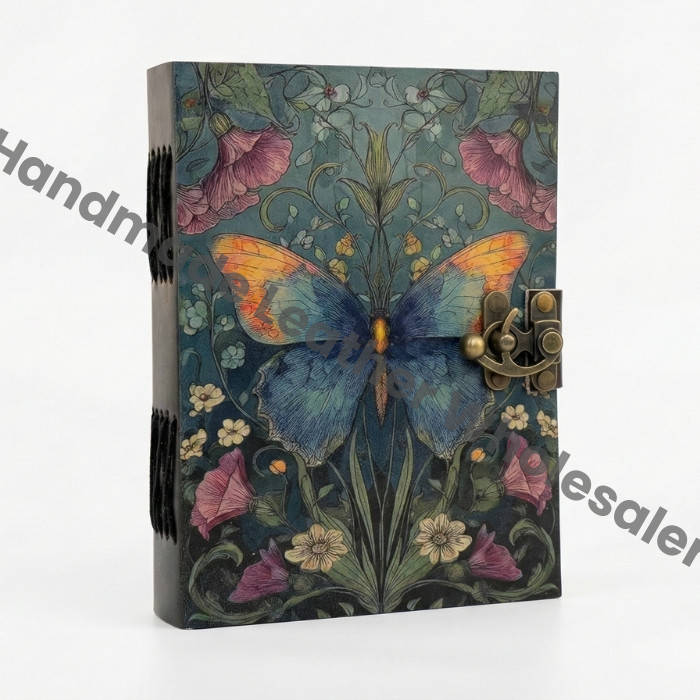 Handmade Butterfly Flower Moth Leather Grimoire journal - VIntage Blank Spell Book of Shadows - Antique Closure