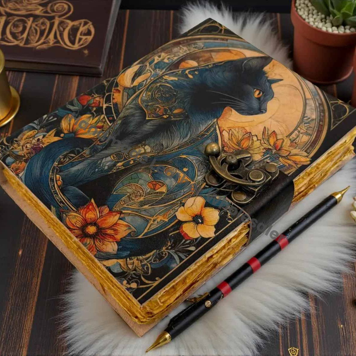 Handmade Celestial Flower Magic Cat Leather Pagan journal - Blank Spell Book of shadows -Witchcraft Goth Diary