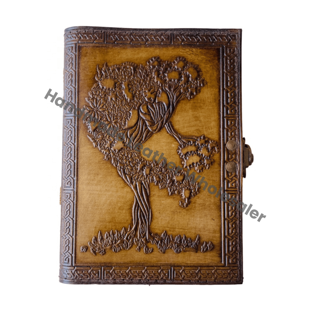 Handmade Charcoal Hardcover Leather Journal Tree Life Women Deckle Paper Recyclable Embossed Bound Writing Notebook