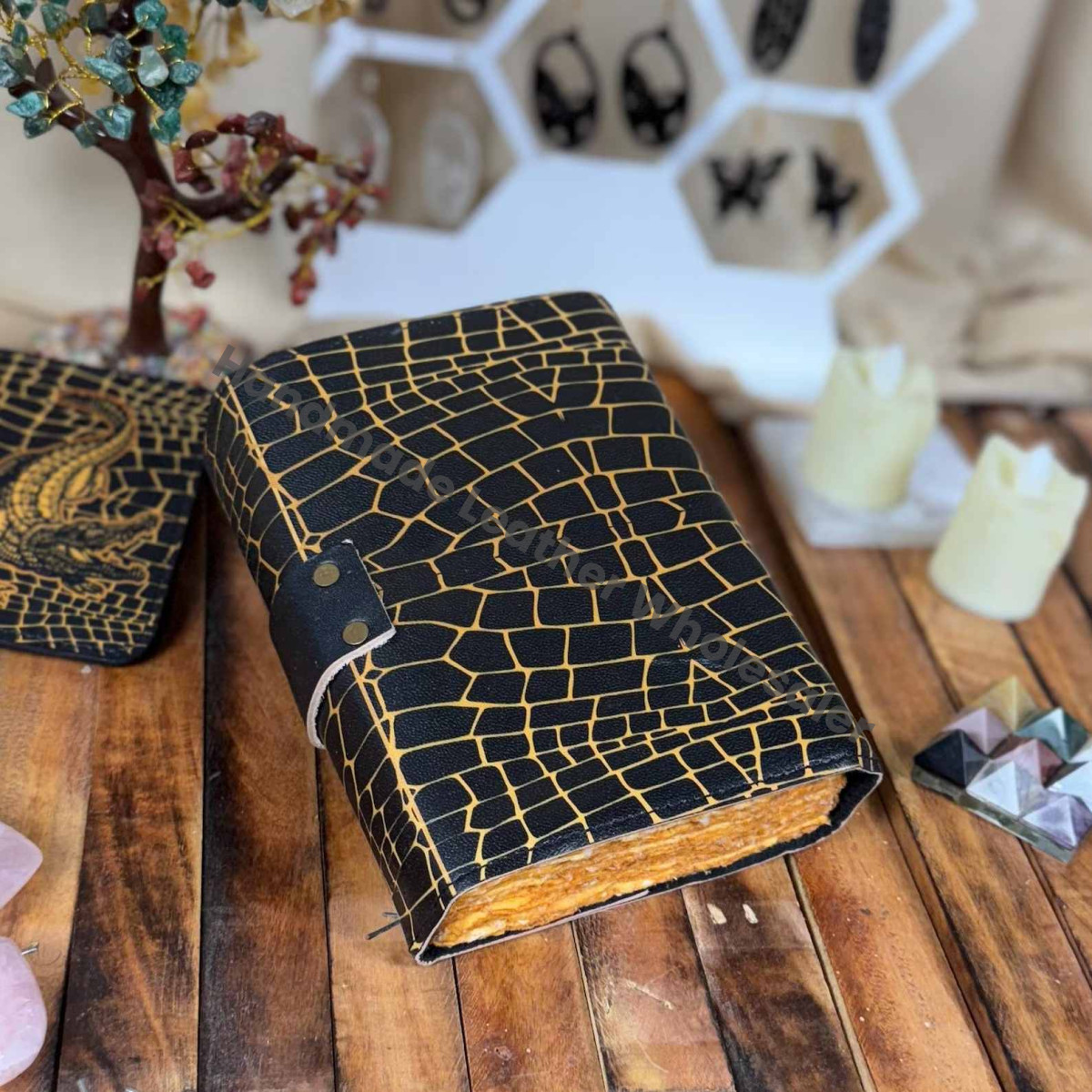 Handmade Crocodile Leather Grimoire: Vintage Spell Book of Shadows