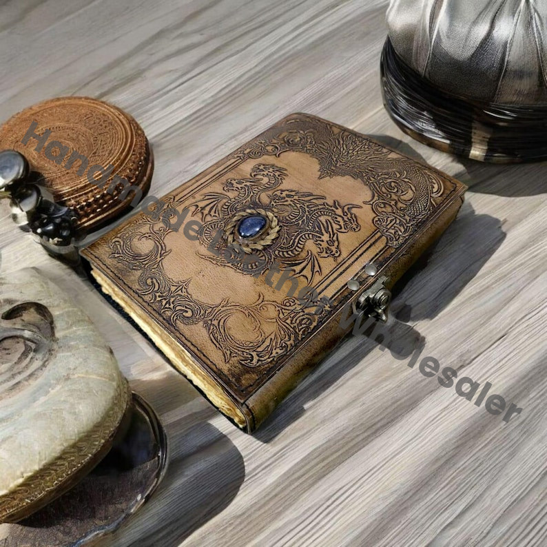Handmade Dragon Embossed Leather Journal | Gemstone Grimoire Notebook
