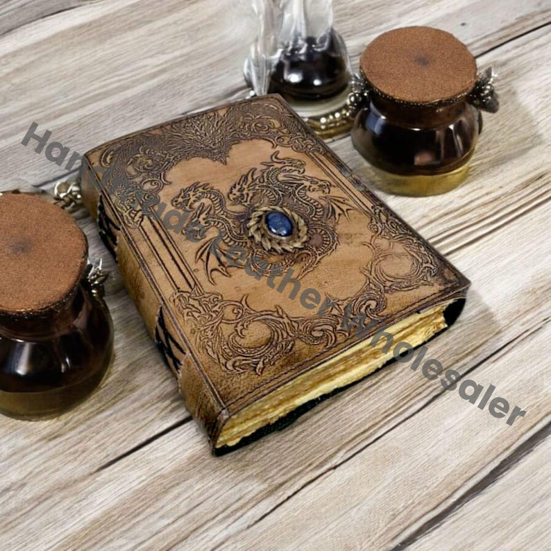 Handmade Dragon Embossed Leather Journal | Gemstone Grimoire Notebook