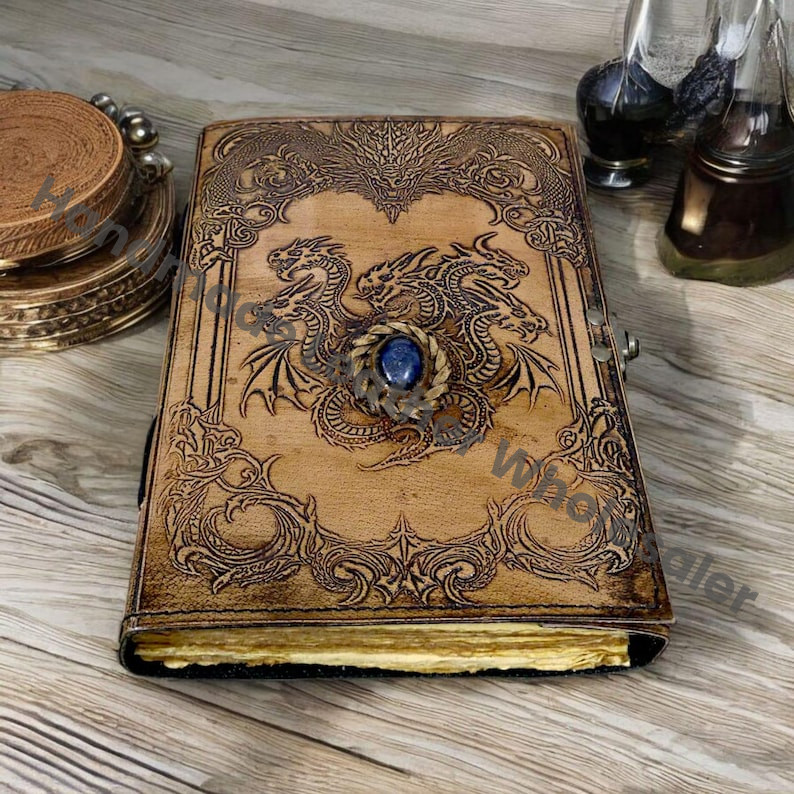 Handmade Dragon Embossed Leather Journal | Gemstone Grimoire Notebook