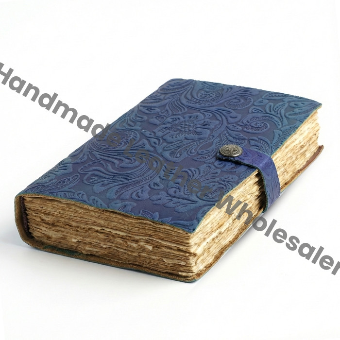 Handmade Embossed Blue Leather Journal • Deckle Edge Paper