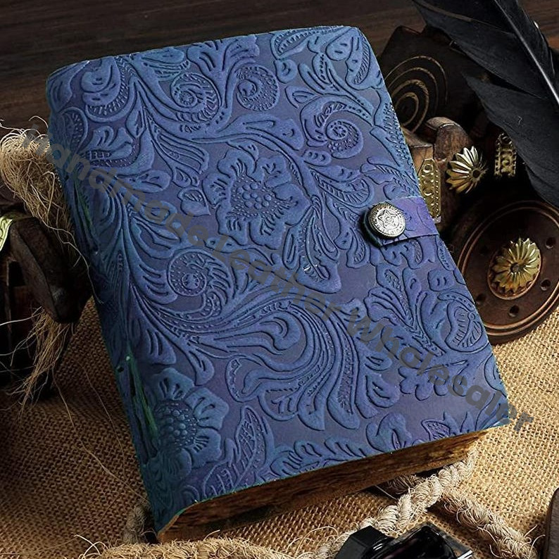 Handmade Embossed Blue Leather Journal • Deckle Edge Paper