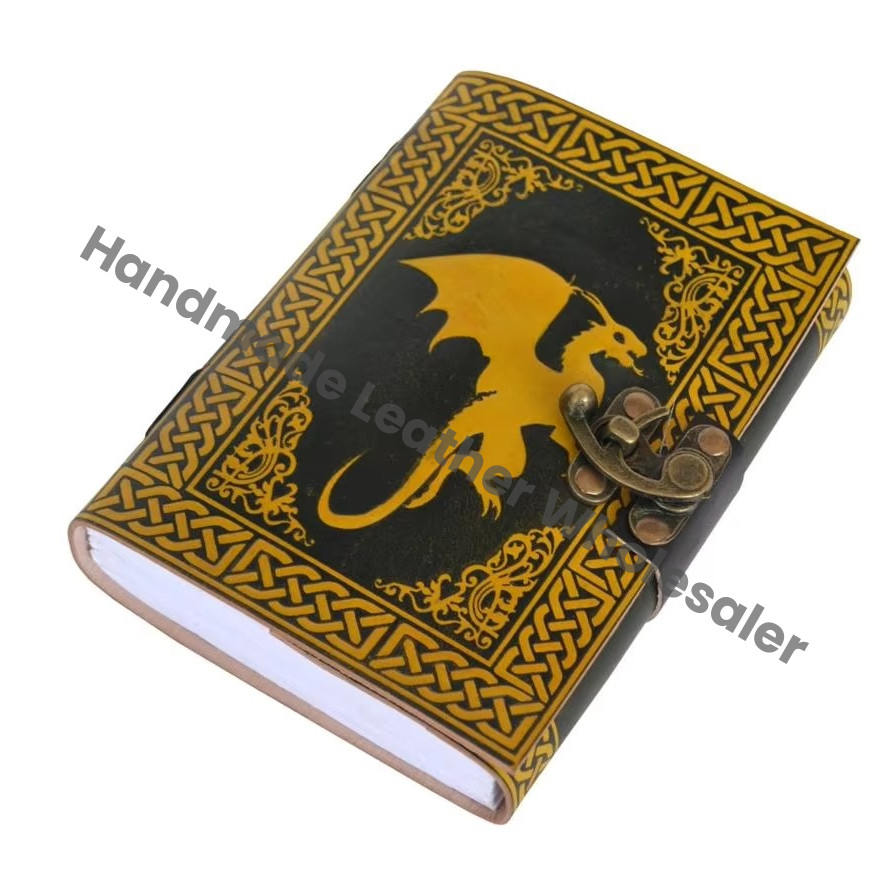 Handmade Embossed Celtic Flying Dragon Spiral Bound Leather Notebook Diary with Eco-friendly Paper Customized Organizer Notepad