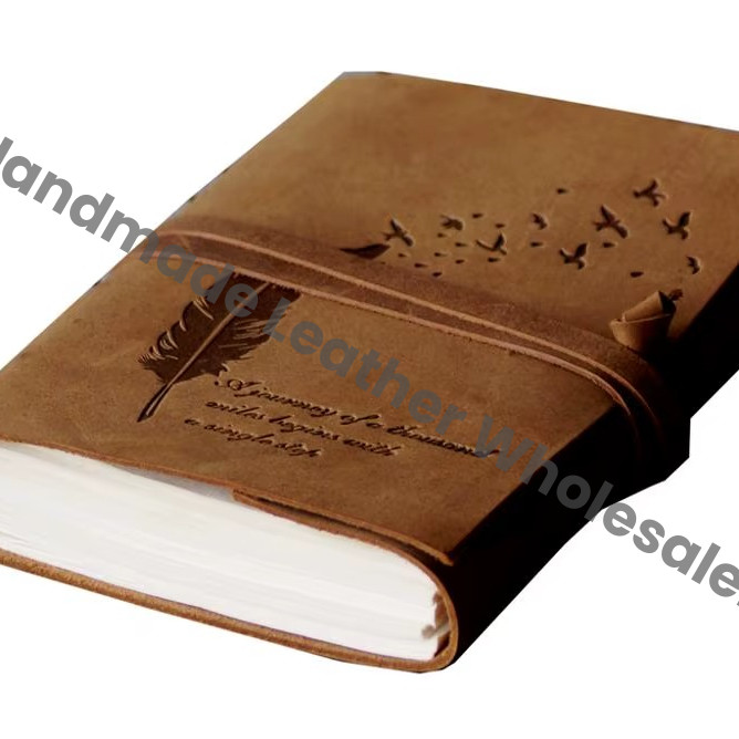 Handmade Embossed Feather with Antique Design Leather Notebook & Sketchbook Journal Eco-friendly Pencil Paper Gift