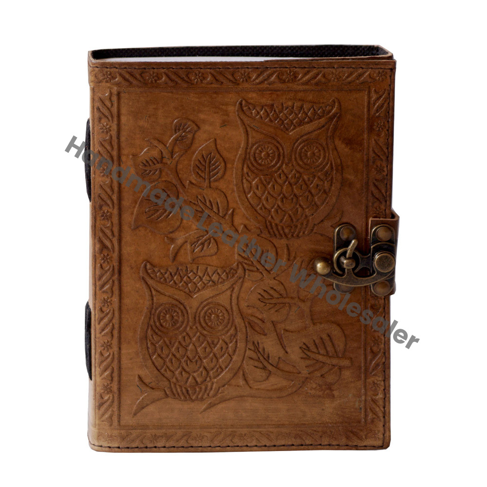 Handmade Embossed Vintage Charcoal Double Owl Design Address Book Leather Journal with Eco-friendly Paper for Gift