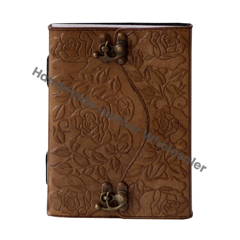 Handmade Embossed Vintage Rose and Leaf Design Spiral Binding Leather Journal & Notebook Gift