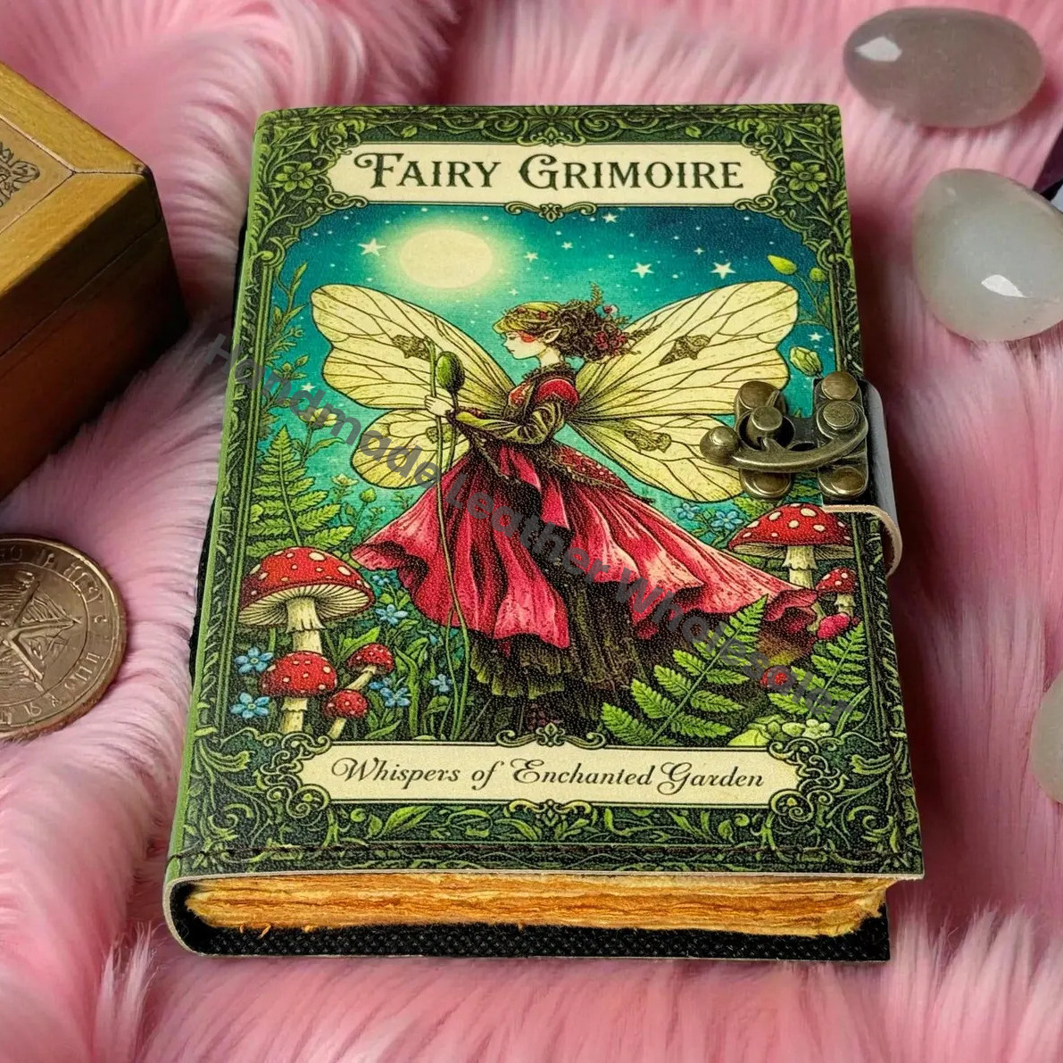 Handmade Fairy Leather Grimoire – Book of Shadows with Lock, Witchcraft Journal, Spell Book, Wiccan Notebook