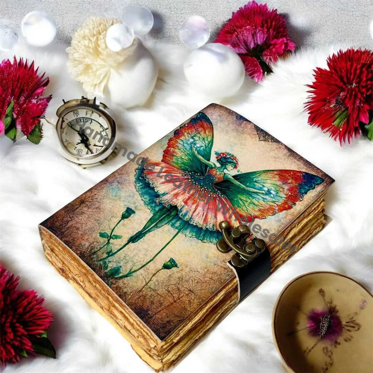 Handmade Fairy Leather Grimoire – Book of Shadows with Lock, Witchcraft Journal, Spell Book, Wiccan Notebook, Pagan Diary Magic Journal