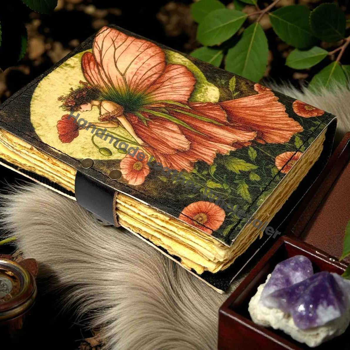 Handmade Fairy Leather Grimoire – Book of Shadows with Lock, Witchcraft Journal, Spell Book, Wiccan Notebook, Pagan Diary Magic Journal Gift
