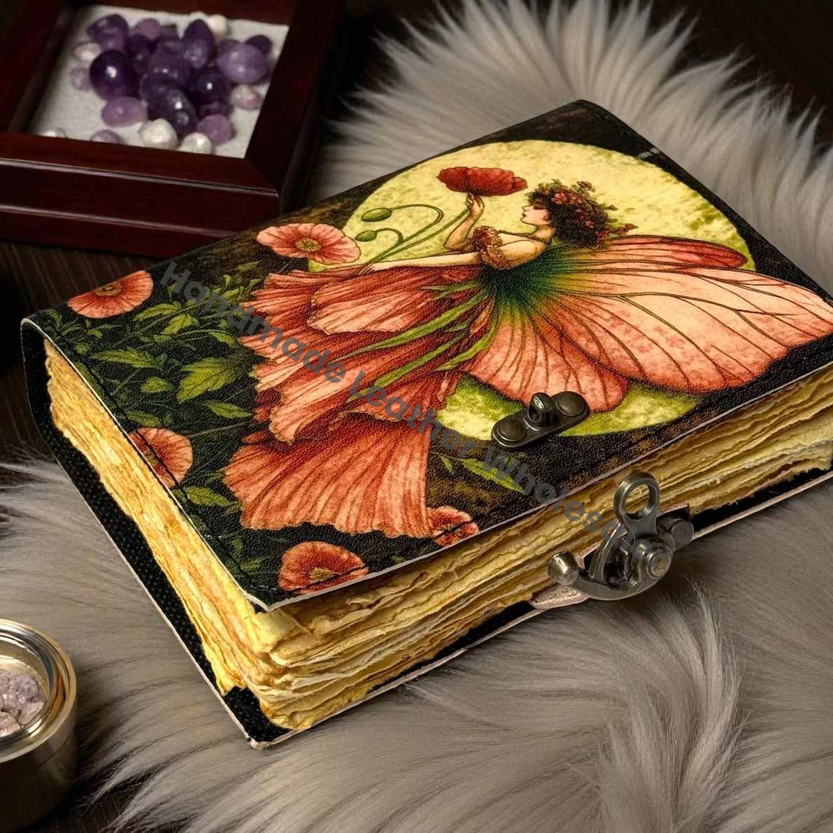 Handmade Fairy Leather Grimoire – Book of Shadows with Lock, Witchcraft Journal, Spell Book, Wiccan Notebook, Pagan Diary Magic Journal Gift
