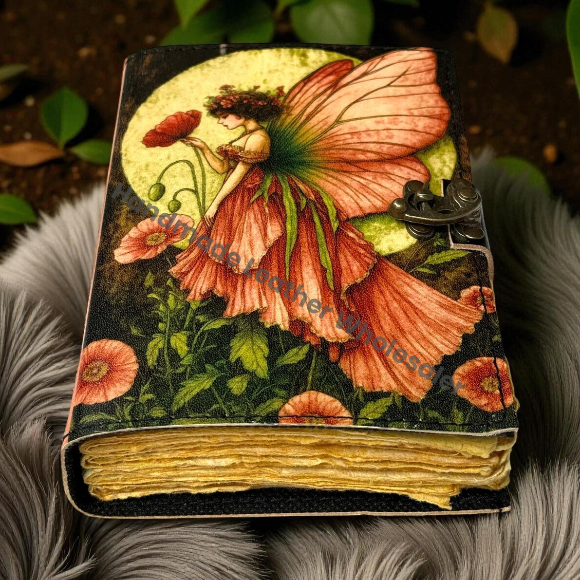 Handmade Fairy Leather Grimoire – Book of Shadows with Lock, Witchcraft Journal, Spell Book, Wiccan Notebook, Pagan Diary Magic Journal Gift
