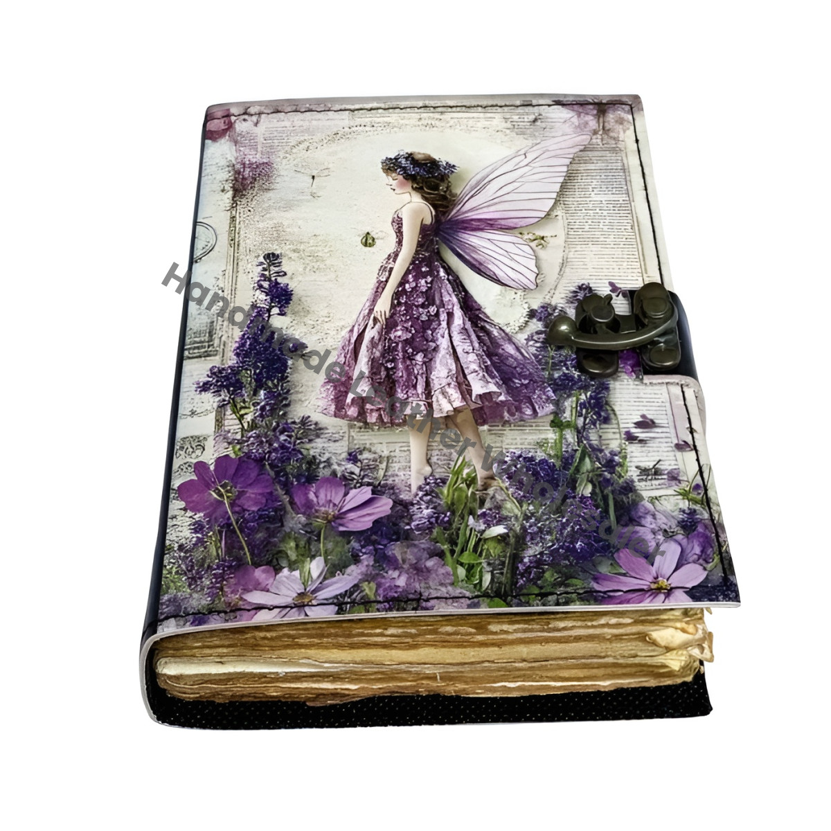 Handmade Fairy Leather Grimoire – Book of Shadows with Lock, Witchcraft Journal, Spell Book, Wiccan Notebook, Pagan Diary