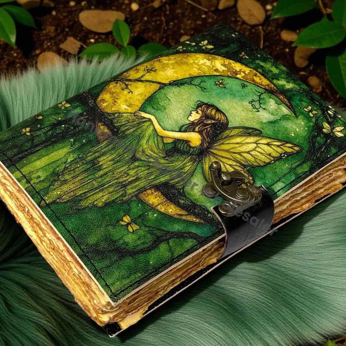 Handmade Fairy Leather Grimoire – Book of Shadows with Lock, Witchcraft Journal, Spell Book, Wiccan Notebook