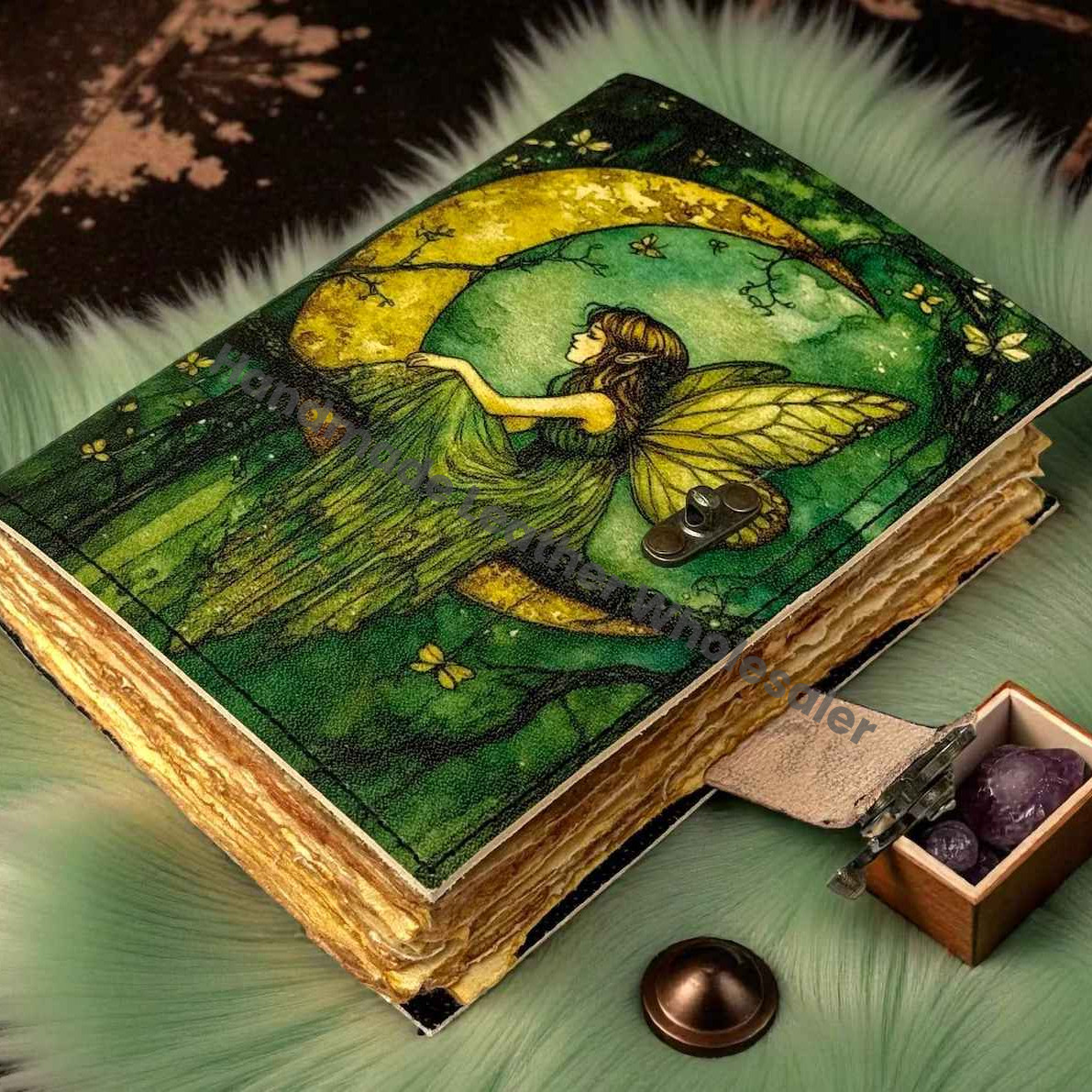 Handmade Fairy Leather Grimoire – Book of Shadows with Lock, Witchcraft Journal, Spell Book, Wiccan Notebook