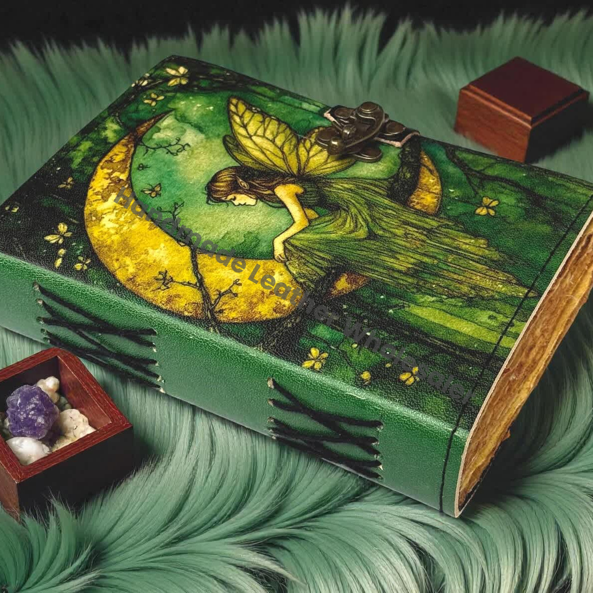 Handmade Fairy Leather Grimoire – Book of Shadows with Lock, Witchcraft Journal, Spell Book, Wiccan Notebook