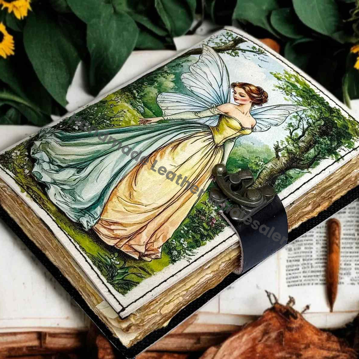 Handmade Fairy Leather Journal – Antique Lock Grimoire, Book of Shadows