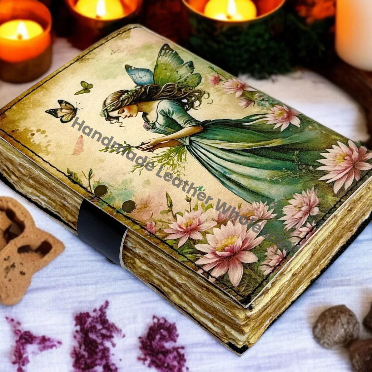 Handmade Fairy Leather Journal – Antique Lock Grimoire, Wiccan Book of Shadows
