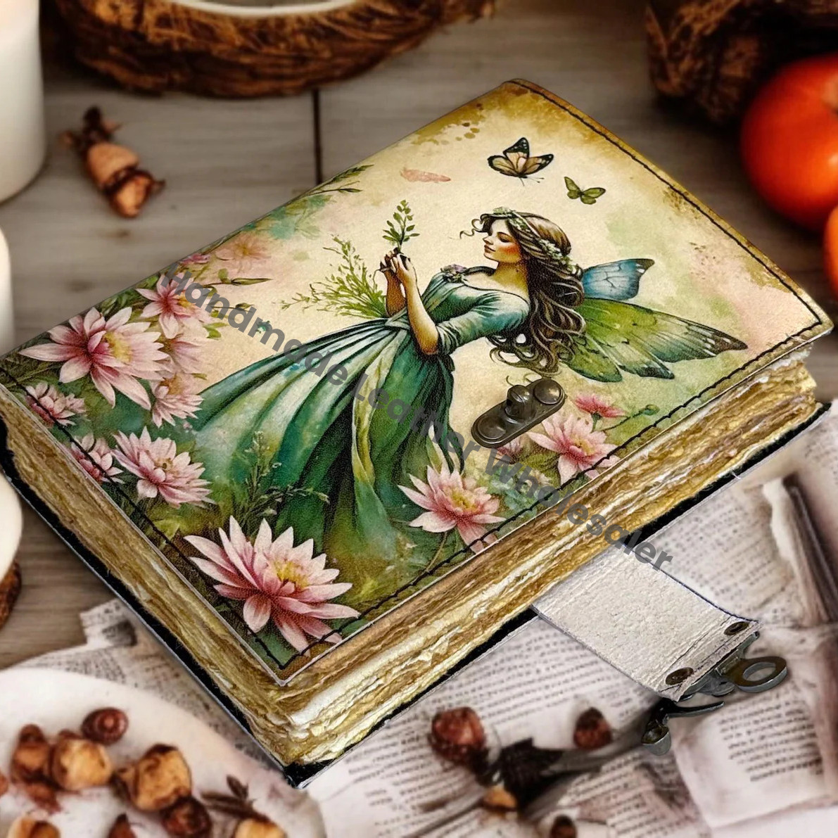 Handmade Fairy Leather Journal – Antique Lock Grimoire, Wiccan Book of Shadows