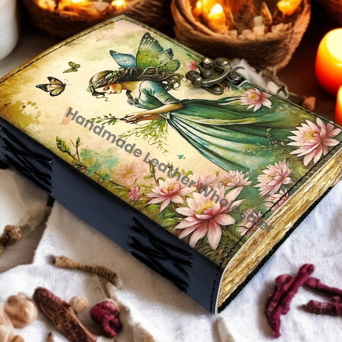 Handmade Fairy Leather Journal – Antique Lock Grimoire, Wiccan Book of Shadows