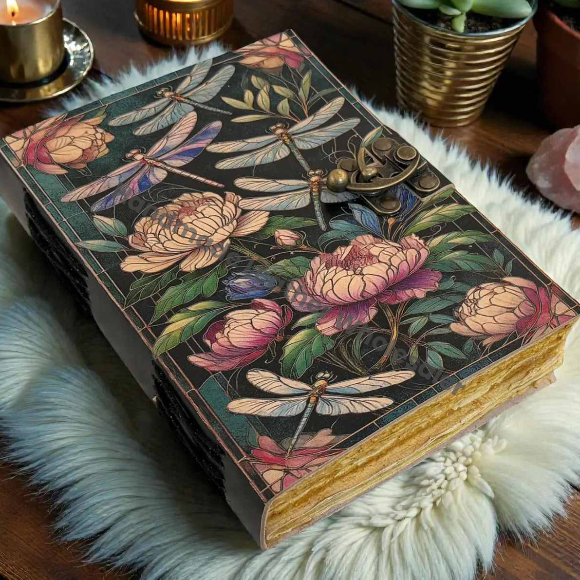 Handmade Floral Luna Moth Leather Celestial journal - VIntage Blank Spell Book of Shadows - Antique Closure